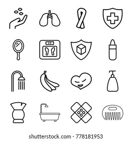 Care icons. set of 16 editable outline care icons such as hand with seeds, mirror, ribbon, lipstick, soap, floor scales, brush, shower, lungs, medical sign, cargo insurance