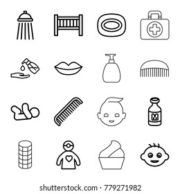 Care icons. set of 16 editable outline care icons such as baby, baby bed, comb, lips, soap, liquid soap, milk, doctor with medical reflector, shower, cream, hair curler