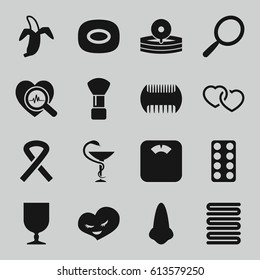 Care icons set. set of 16 care filled icons such as comb, nose, mirror, shaving brush, soap, towels, pill, banana, fragile cargo, heart, heartbeat search, medicine