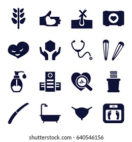 Care icons set. set of 16 care filled icons such as no hair in skin, floor scales, hair barrette, shower, towels, gardening knife, case with heart, hospital, bladder, soap