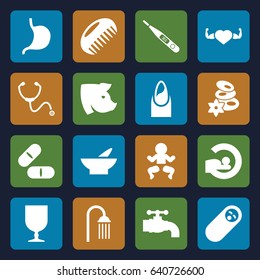 Care icons set. set of 16 care filled icons such as pig, comb, bowl, nail, spa stones, shower, pill, mri, heart with muscles, stomach, fragile cargo, stethoscope, thermometer