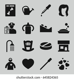Care icons set. set of 16 care filled icons such as baby bottle, baby bed, pipette, nailfile, beauty salon, hairstyle, spa stone, soap, shower, watering can, pill, x ray
