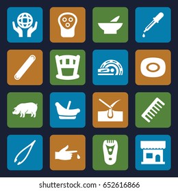 Care icons set. set of 16 care filled icons such as pig, soap, pipette, baby basket, beauty salon, bowl, shave hair in skin, tweezers, comb, electric razor, holding globe