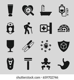 Care icons set. set of 16 care filled icons such as shower, cream tube, razor, sawing, electric razor, medical cross, drop counter, nurse, fragile cargo, cargo insurance