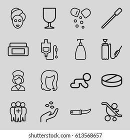 Care icons set. set of 16 care outline icons such as hand with seeds, cream box, nailfile, hairstyle, soap, spa mask, gardening knife, harden hose, drop counter, pill