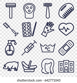 Care icons set. set of 16 care outline icons such as pig, comb, baby basket, paints, razor, hairstyle, electric razor, toothbrush, laundry, heartbeat, syringe, bandage, soap