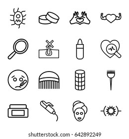 Care icons set. set of 16 care outline icons such as barber brush, cream box, mirror, comb, no hair in skin, lipstick, spa mask, hair curler, tablet, heart with muscles