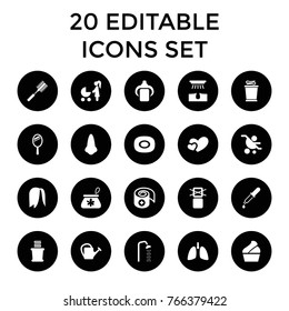 Care icons. set of 20 editable filled care icons such as soap, nose, hair removal, towels, woman with baby carriage, baby carriage, watering can, cargo only in box allowed