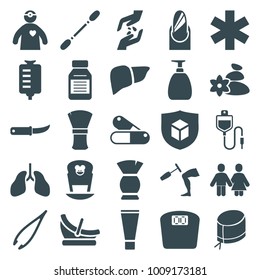 Care icons. set of 25 editable filled care icons such as tweezers, brush, gardening knife, drop counter, liver, medical sign, nurse hat, medicine, knee hammer reaction check