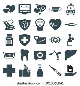 Care icons. set of 25 editable filled care icons such as tweezers, soap, electric razor, cardiogram, heartbeat, case with heart, medical sign, pressure, cargo insurance