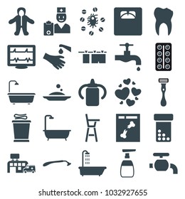 Care icons. set of 25 editable filled care icons such as shower, baby bottle, razor, tap, bottle pills, heartbeat, floor scales, hands washing, x ray, hospital