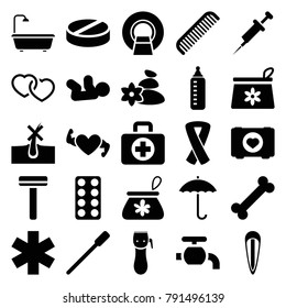 Care icons. set of 25 editable filled care icons such as baby bottle, baby, comb, nailfile, razor, no hair in skin, make up bag, bone, case with heart, pill, heart, shower
