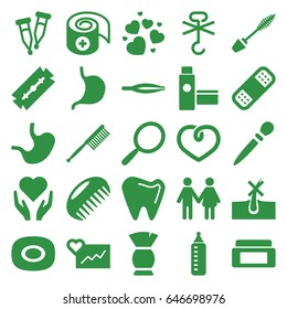 Care icons set. set of 25 care filled icons such as baby bottle, comb, soap, razor, cream box, mirror, tweezers, no hair in skin, mascara, brush, nail sawing, toothbrush
