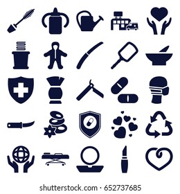 Care icons set. set of 25 care filled icons such as baby bottle, baby, bllade razor, mirror, bowl, powder, mascara, spa stones, lipstick, brush, recycle, towels