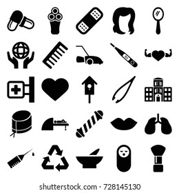 Care icons set. set of 25 care filled icons such as baby food, electric razor, shaving brush, bowl, hair curler, mirror, tweezers, hairstyle, lips, comb, nesting house