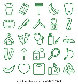 Care icons set. set of 25 care outline icons such as comb, bllade razor, mirror, razor, ribbon, eyeshadow palette, brush, hair barrette, banana, nesting house, harden hose