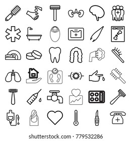 Care icons. set of 36 editable outline care icons such as razor, hair brush, hairstyle, tweezers, lipstick, tap, shower, tablet, heart, drop counter, lungs, kidney