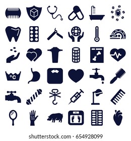 Care icons set. set of 36 care filled icons such as hand with seeds, pig, shower, comb, mirror, bllade razor, hair brush, salon hair dryer, hair curler, floor scales, laundry
