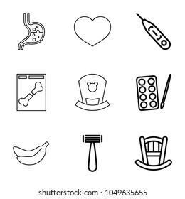 Care icons. set of 9 editable outline care icons such as baby bed, paints, razor, thermometer, banana, stomach, x ray