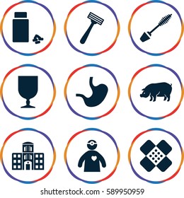 care icons set. Set of 9 care filled icons such as pig, mascara, razor, medicine, fragile cargo, bandage, hospital building, stomach