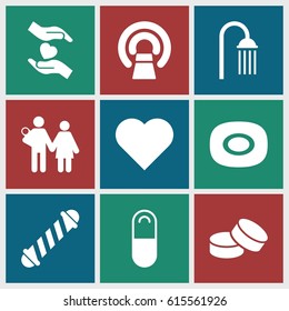 Care icons set. set of 9 care filled icons such as soap, hair curler, shower, tablet, MRI, hands holding heart, pill, heart