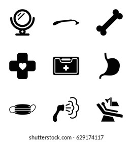 Care icons set. set of 9 care filled icons such as mirror, razor, shower, stomach, medical kit, bandage, dental chair, medical mask