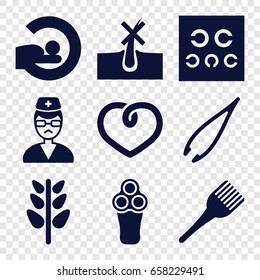 Care icons set. set of 9 care filled icons such as electric razor, no hair in skin, tweezers, coloring brush, mri, plant, heart, eye test