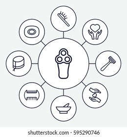 care icons set. Set of 9 care outline icons such as soap, comb, electric razor, bowl, hair brush, razor, heart on hand, hands holding heart