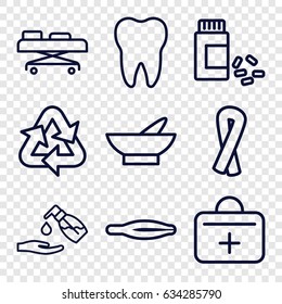 Care icons set. set of 9 care outline icons such as bowl, tweezers, ribbon, liquid soap, medicine, first aid kit, hospital stretch, tooth