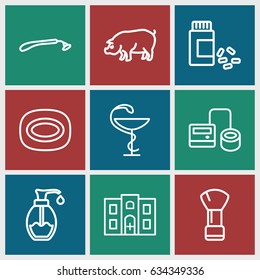 Care icons set. set of 9 care outline icons such as pig, razor, shaving brush, soap, blod pressure tool, medicine