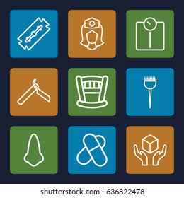 Care icons set. set of 9 care outline icons such as razor, nose, bllade razor, barber brush, nurse, handle with care, baby bed, pill