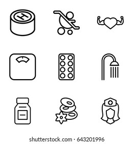 Care icons set. set of 9 care outline icons such as spa stones, shower, pill, heart with muscles, nurse, medicine, hospital, baby carriage