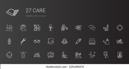 care icons set. Collection of care with cotton swab, plant, lipstick, soap, perfume, baby, comb, vaccine, swans, tooth, eyeglasses, eyedropper. Editable and scalable care icons.
