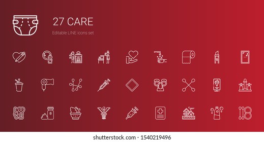 care icons set. Collection of care with flood, hospital, vaccine, caduceus, mortar, electric razor, love, cotton swab, mask, patch, syringe. Editable and scalable care icons.