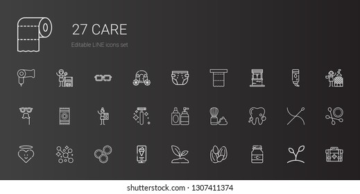 care icons set. Collection of care with medicine, seeds, sprout, standee, makeup remover wipes, soap, heart, tooth, shaving brush, perfume, razor. Editable and scalable care icons.