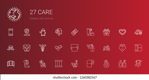 care icons set. Collection of care with perfume, toilet paper, swan, cotton swab, charcoal, mirror, soap, bones, caduceus, heart, swans, toothbrush. Editable and scalable care icons.