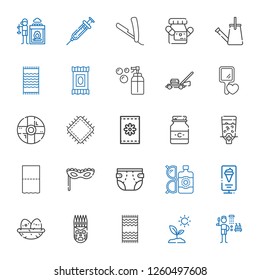 care icons set. Collection of care with shower, sprout, beach towel, mask, nest, standee, sun lotion, diaper, toilet paper, dispenser, medicine. Editable and scalable care icons.