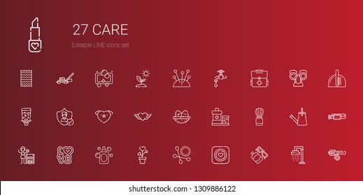 care icons set. Collection of care with sun lotion, condom, cotton swab, plant, perfume, love, homemade, shaving brush, mouthwash, nest, heart. Editable and scalable care icons.