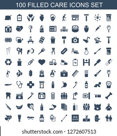 care icons. Trendy 100 care icons. Contain icons such as couple with newborn, arm rash, no hair in skin, eye test, cotton buds, drop counter, medicine. care icon for web and mobile.
