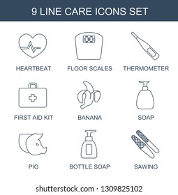 care icons. Trendy 9 care icons. Contain icons such as heartbeat, floor scales, thermometer, first aid kit, banana, soap, pig, bottle soap, sawing. care icon for web and mobile.