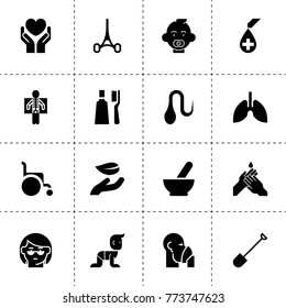 Care icons. vector collection filled care icons. includes symbols such as medical bowl, leaf in hand, shovel, health insurance, baby. use for web, mobile and ui design.
