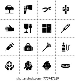 Care icons. vector collection filled care icons. includes symbols such as syringe, secateurs, car lift, rake, clean window, baby, pill. use for web, mobile and ui design.