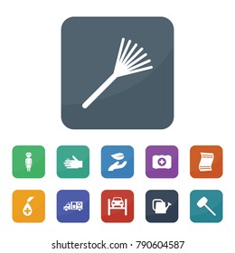 Care icons. vector collection filled care icons such as leaf in hand, watering can, car lift, rake, rubber hummer, grandmother, ambulance, blood, bandaged finger