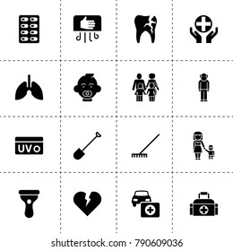 Care icons. vector collection filled care icons. includes symbols such as rake, shovel, car first aid kit, hand dryier, broken heart. use for web, mobile and ui design.