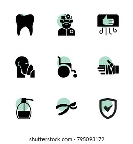 Care icons. vector collection filled care icons set.. includes symbols such as secateurs, liquid soap, hand dryier, insurance, wheelchair. use for web, mobile and ui design.