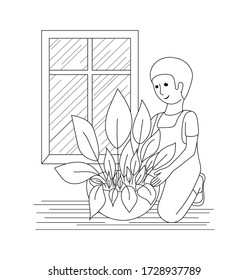 Care for indoor plants. Image of a child caring for plants at home. Outline drawing on a white background. Design element. vector illustration.