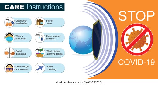 Care instructions chart to fight against corona virus and covid-19.  Info graphic design with the help of symbols. Vector illustrations.