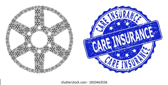 Care Insurance rubber round stamp and vector recursion collage wheel. Blue stamp seal has Care Insurance caption inside round shape. Vector collage is designed with scattered wheel items.