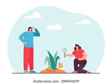 Care of investors for money plant growth. Woman looking through magnifying glass at financial profit flat vector illustration. Finance, deposit concept for banner, website design or landing web page