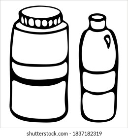 Care jars. Jars with shampoo, conditioner, mask, cream and ets. Single doodle vector illustration. Hand drawn.